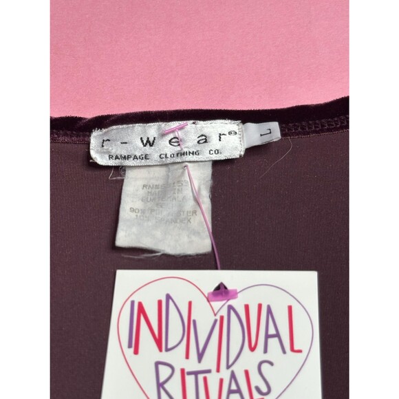 Y2K. R-WEAR. RAMPAGE. Plum VELVET Plunge Wrap Style Short Sleeve Blouse. L-XL - Picture 4 of 5